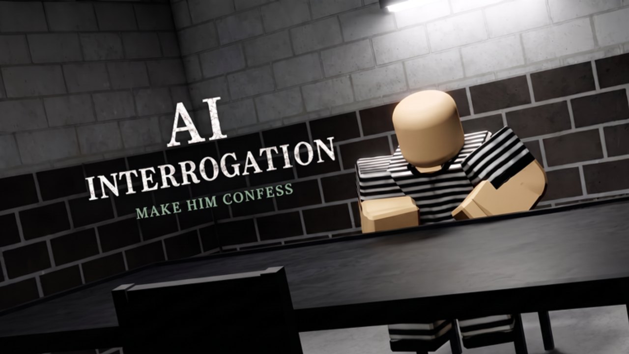 AI Interrogation Roblox interrogation room thumbnail showing the suspect terminal setup